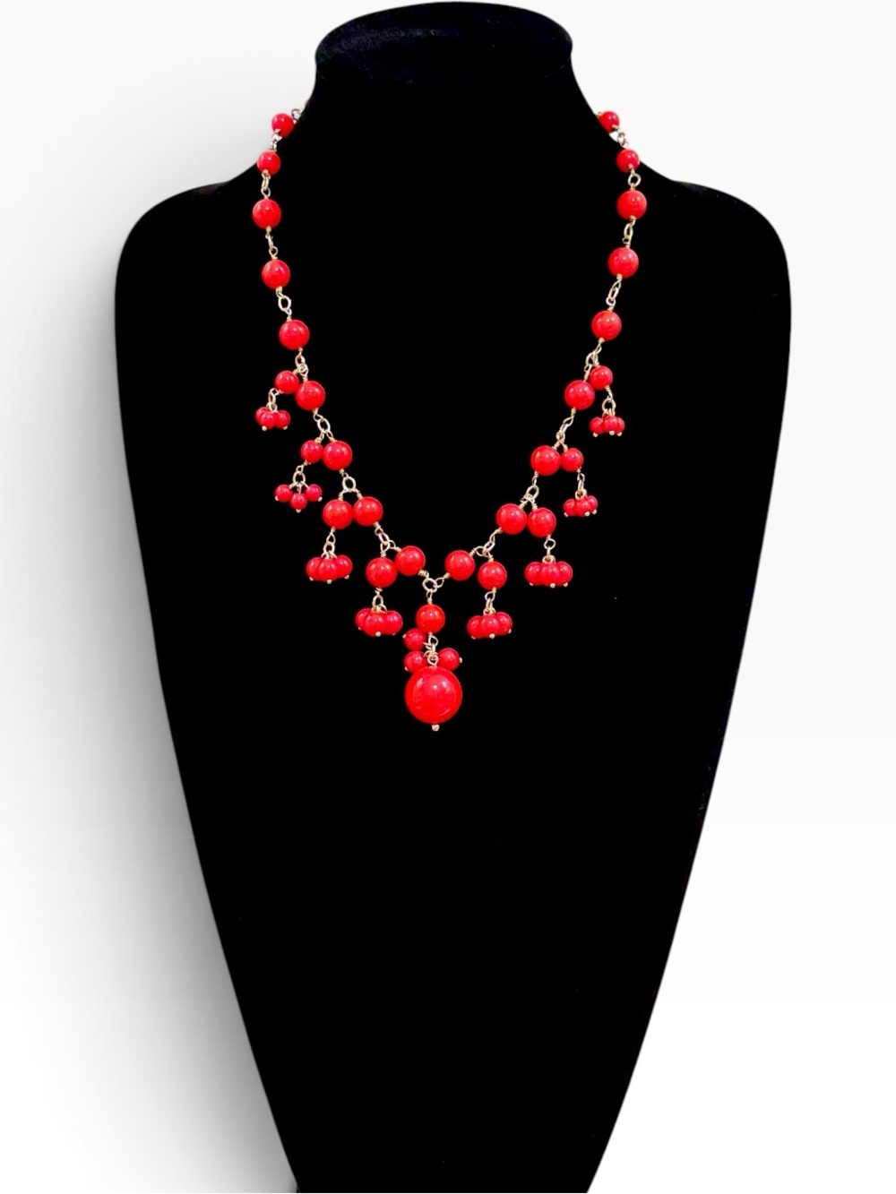 Talbots Gold Tone Cherry Red Bead Bib Holiday Statement Necklace NEW